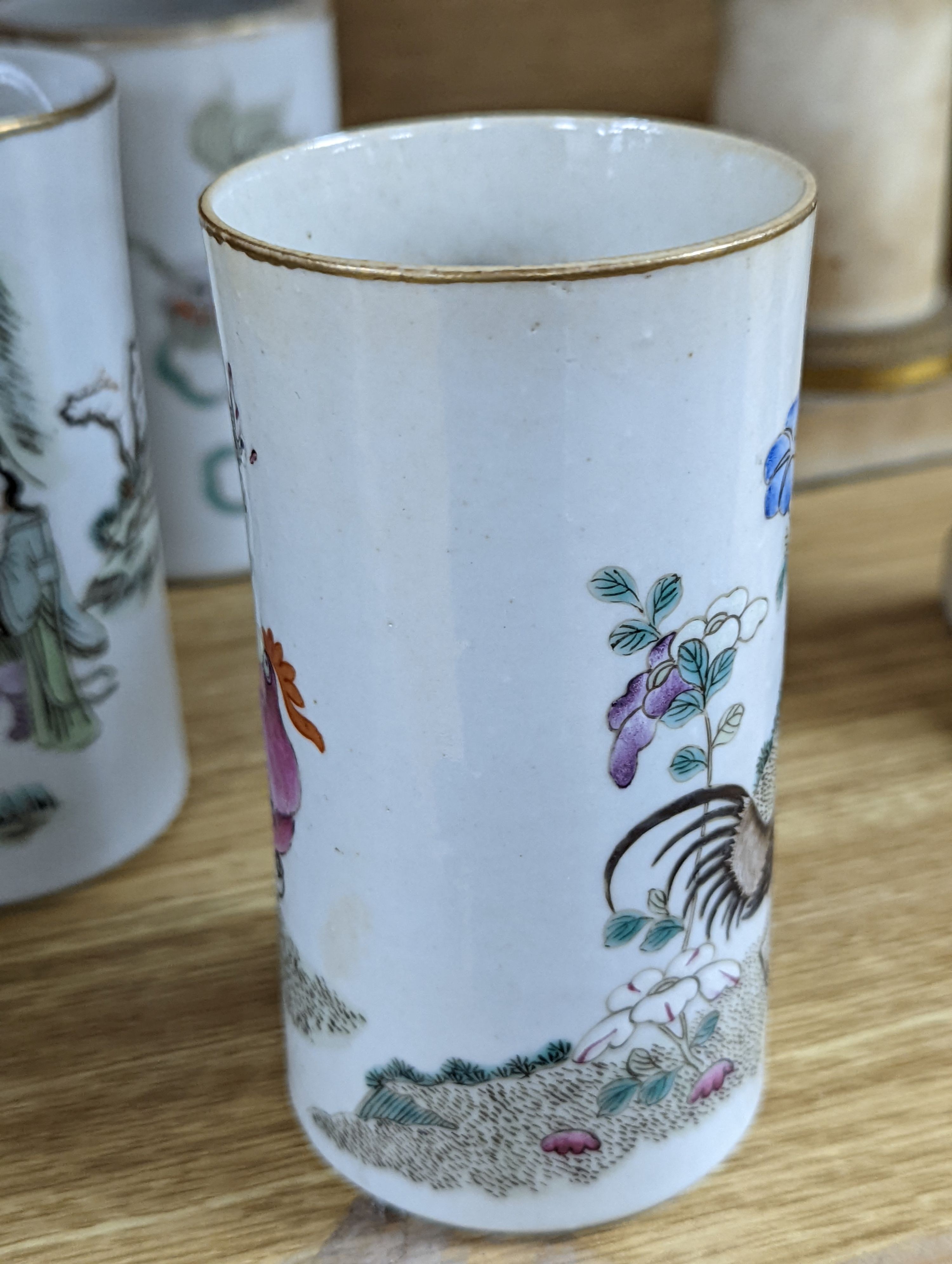 Three Chinese famille rose brush pots, 12cm